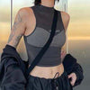 Hot girls mesh stitching see-through striped high collar vest dew umbilical undershirt top