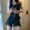 Wide leg distressed hot pants ultra-high waist double buttons loose fit A-line denim shorts