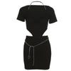 European slim fit high waist cut mini dress V-neck sexy backless skirt chains with hearts