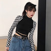 Splicing checkerboard patchwork plaid belt buckle crop top sexy long sleeves women gothic T-shirt