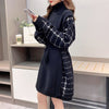 2022 fake 2 pc women knitting dress couture splicing plaid warm dress knitted tunic sweater with belt