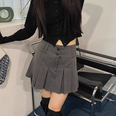 korean jk pleated skirt broad waist band double buckle college style long leg