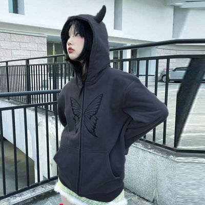 Hooded cardigan with horns zipper placket and pocket butterfly printed gothic sweatshirt women streetwear