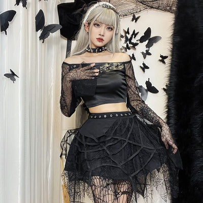 Gothic punk spider web lace mesh fringe mini skirt irregular hem