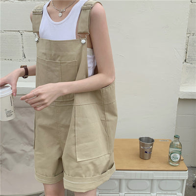 Retro Vintage Loose Fit Jumpsuit Cargo Shorts Khaki Cute Overall Pants with pockets