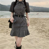 Ruffle hem fishtail dress slimfit waist polo collar cargo style button placket A line lotus skirt