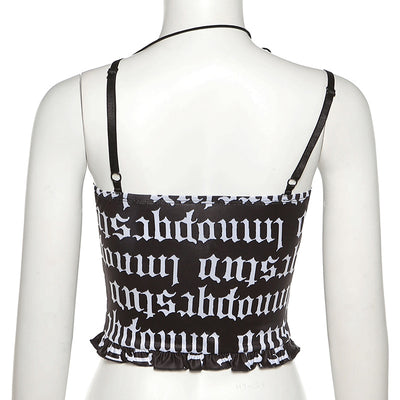 2021 dark gothic letter print cami crop top slim fit summer off shoulder vest agaric trim