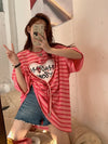Korean design love 3D gradient stripes tassels heart applique loose fit oversize T shirt Kawaii BF style
