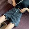 Wide leg distressed hot pants ultra-high waist double buttons loose fit A-line denim shorts