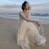 Blogger chiffon beach bridal festive dress sling straps backless layered agaric edge long skater skirt