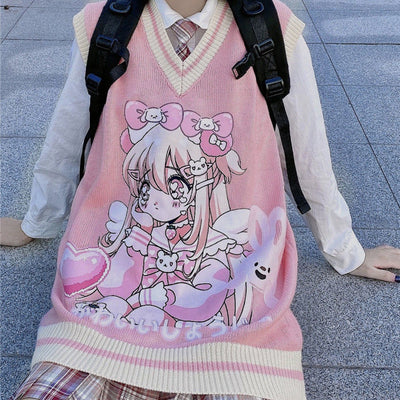 Japanese Academy College Style Vest Top Cartoon Anime Girl Sleeveless Sweater Loose Knitwear
