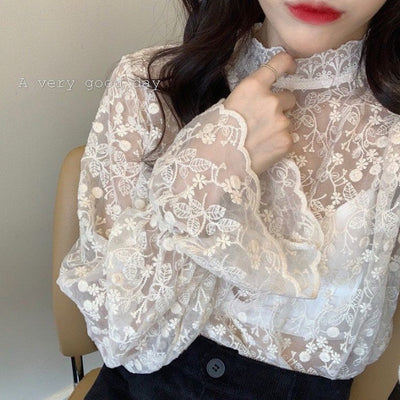 Japanese kawaii half-high collar lace bottoming shirt flared sleeves all occasions chic kawaii style