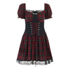 V-neck plaid short sleeves drawstring corset high waist A hem skirt lace patchwork women gothic dress