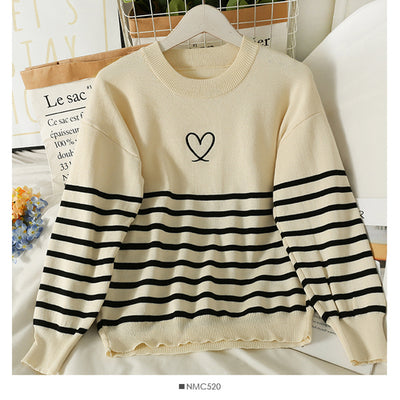 Korean kawaii striped embroidered heart round neck sweater agaric hem cuff women top loose fit pullover