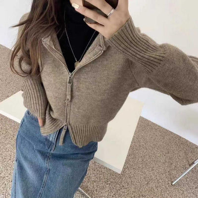 Soft double 2-way zipper high waist hooded sweater coat loose casual knitted cardigan hoodie