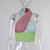 Tri-color neck halter vest wrap contrast color cami ruched knitted vest