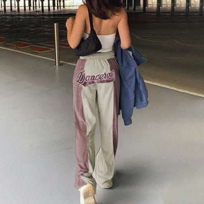 Splicing contrast embroidered letters applique middle waist hip tight loose casual women fleece pants