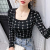 Korean style square collar moon crescent prints tight fit plus size long sleeve T-shirt