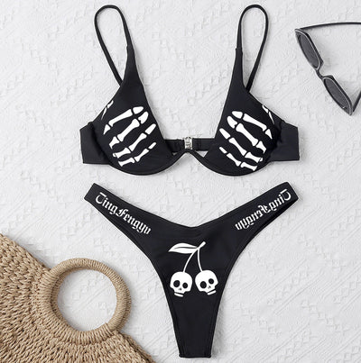 Punk style bikini punk meme skulls skeleton gothic wordings sexy chest lifting women split swimsuit swimwear