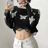 Loose crop ripped bottom round neck long sleeves knit top butterfly prints