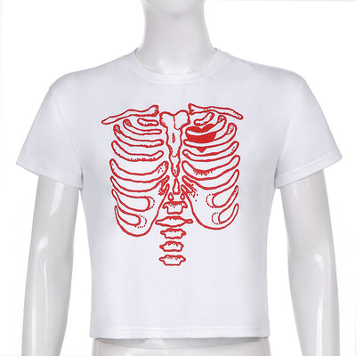 Skeleton chest bone print hit color Tee 2022 summer streetwear trendsetter crop top casual T-shirt top