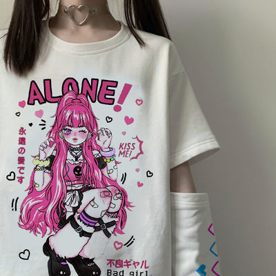 Japanese anime prints T shirt BAD GIRLS KISS ME split sleeves with hearts