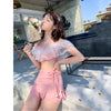 Mesh chest coverup split swimsuit Korean fairy style 2 pc tight belly swimwear set bikini