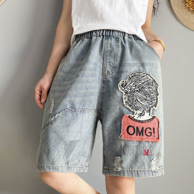 2022 Japanese kawaii embroidered ripped vintage jeans loose fit light blue elastic waist casual pants demi length