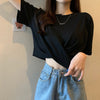 Designer splicing asymmetric twisted ruffled T-shirt high waist crop top tee instafashion for women