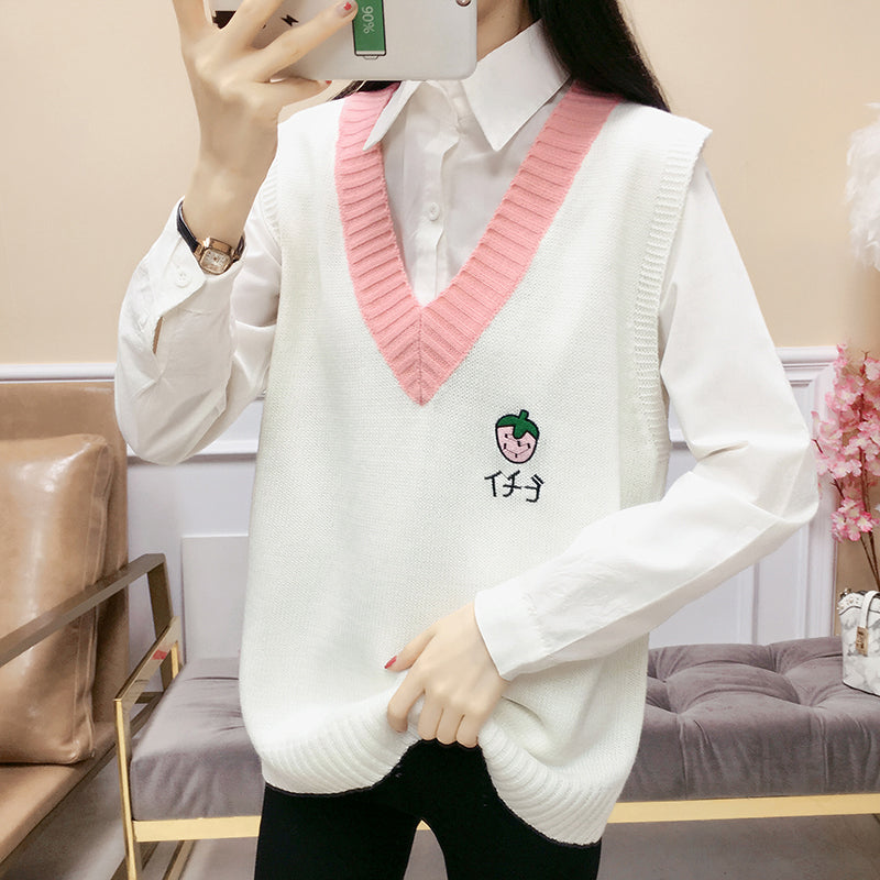 Kawaii V-neck college style knitted woolen vest knitwear embroidery fruit sweater strawberry melon banana