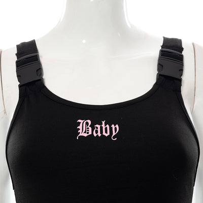 Baby letter prints buckles straps umbilical sexy casual jumpsuit streetwear