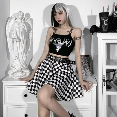 Contrast black white plaid prints mini skater skirt trendy european gothic streetwear