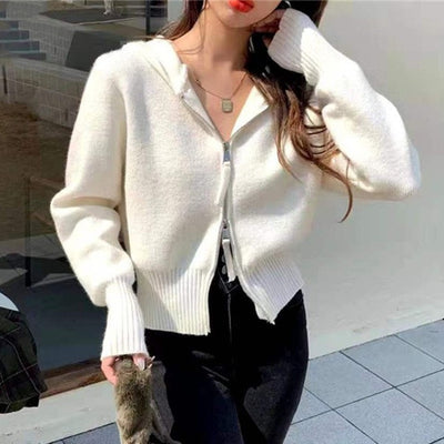 Soft double 2-way zipper high waist hooded sweater coat loose casual knitted cardigan hoodie