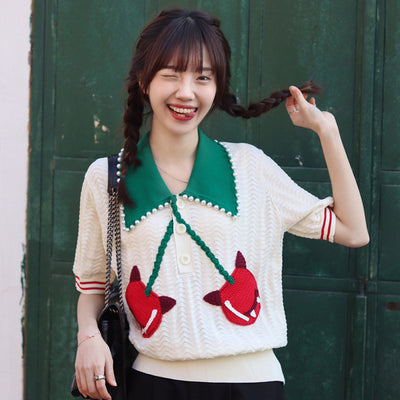 kPop movie star French design knitwear for summer retro style knited cardigan outfit cherries deco