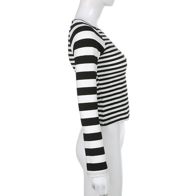 Star stripes splicing mismatch design basic casual long sleeves slim fit T-shirt women top