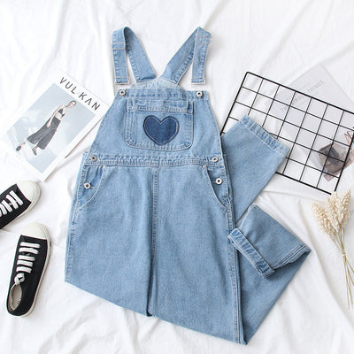 Cute japanese denim jumpsuit strappy jeans loose straight pants wide leg design overall with heart applique