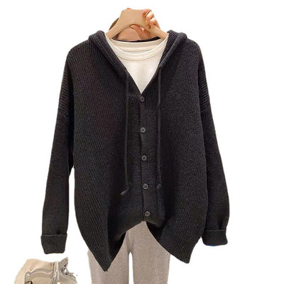 Lazy casual style hooded woolen cardigan loose Vneck long sleeve warm hoodie sweater jacket