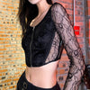 Overall lace crop top slim fit fishbone zipper placket sexy cardigan long sleeve women tee gothic prom
