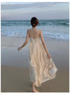 Blogger chiffon beach bridal festive dress sling straps backless layered agaric edge long skater skirt