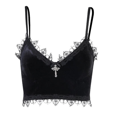 Dark Gothic velvet sling cami lace wrap vest lingerie suspender cross charm
