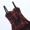 Trendy Gothic plaid sling straps off shoulder lace up pleated layered dress