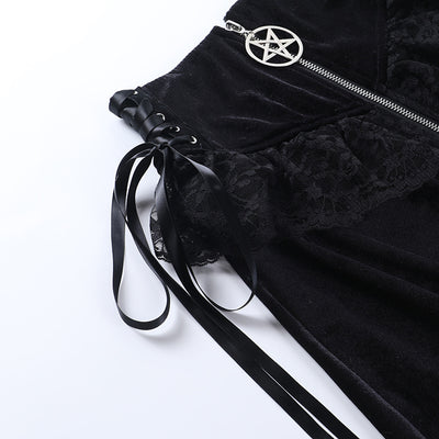 Dark gothic pentagram zipper college style lace up skirt high waist splicing velvet for gothic girls