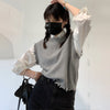 Retro vintage frayed distressed ripped hem round neck knitted vest stacked slim top sweater