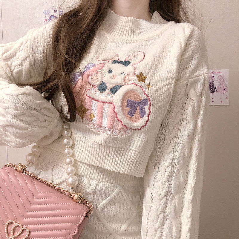 sweet cute kawaii rabbit ribbon sweater top and skirt set twist knitwear
