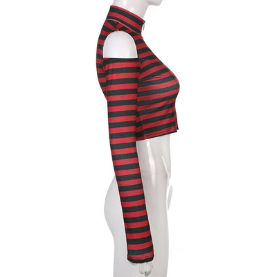 Shoulder cut striped zipper turtle neck dew umbilical long-sleeved knitwear street hipster T shirt