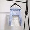 Korean sweet set off shoulder sling stripes top chic skirt pants
