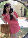 French polo collar embroidery strawberry women dress stripes striking color short sleeves skirt