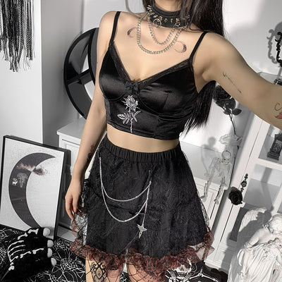 Dark sexy lace rose embroidered satin camisole for 2022 spring autumn floral print