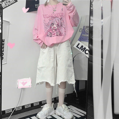Korean pink long sleeves T-shirt girl anime prints loose sweatshirt kawaii cute girl top
