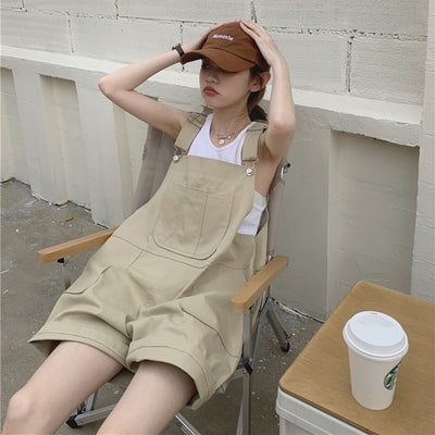 Retro Vintage Loose Fit Jumpsuit Cargo Shorts Khaki Cute Overall Pants with pockets